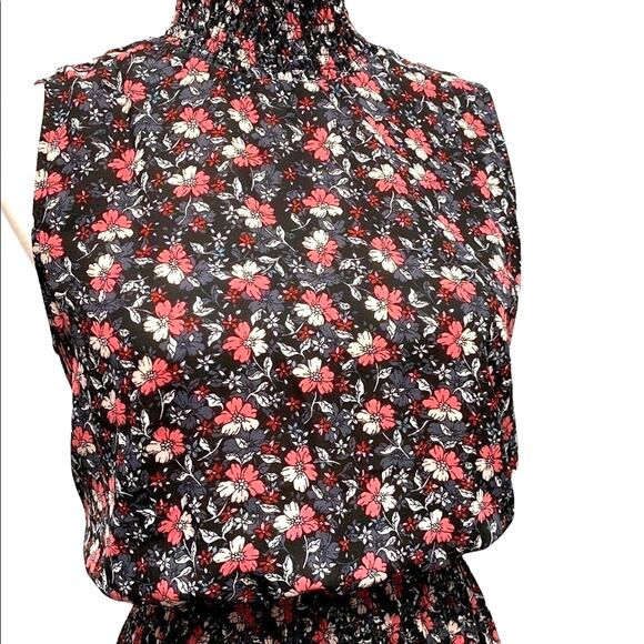 NWT Nanette Lepore Black Pink Ditsy Floral Smocked Neck Midi Dress 8 Hi-Low Hem - Picture 3 of 13